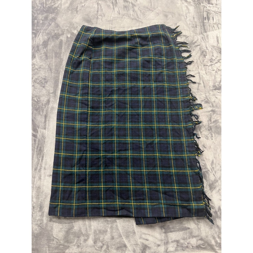 Unbranded Plaid Wrap Kilt Skirt Womens 34 Waist Navy Green Fringed Midi Academia